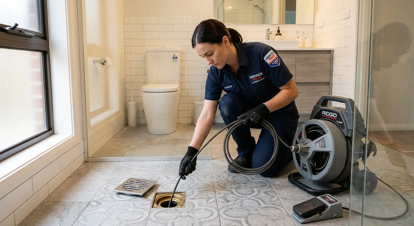 Technician clearing a bathroom floor drain for Clogged Drain Repair in Takoma Park